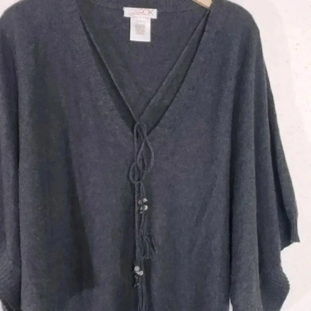 Y2K‎ LaROK Cashmere Blend Sweater S Charcoal Gray Batwing V-Neck Tassel Tie Boho